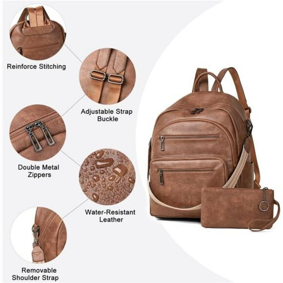 Women's Faux Leather Backpack Purse Convertible Travel Shoulder Bag Set - Picture 5 of 7